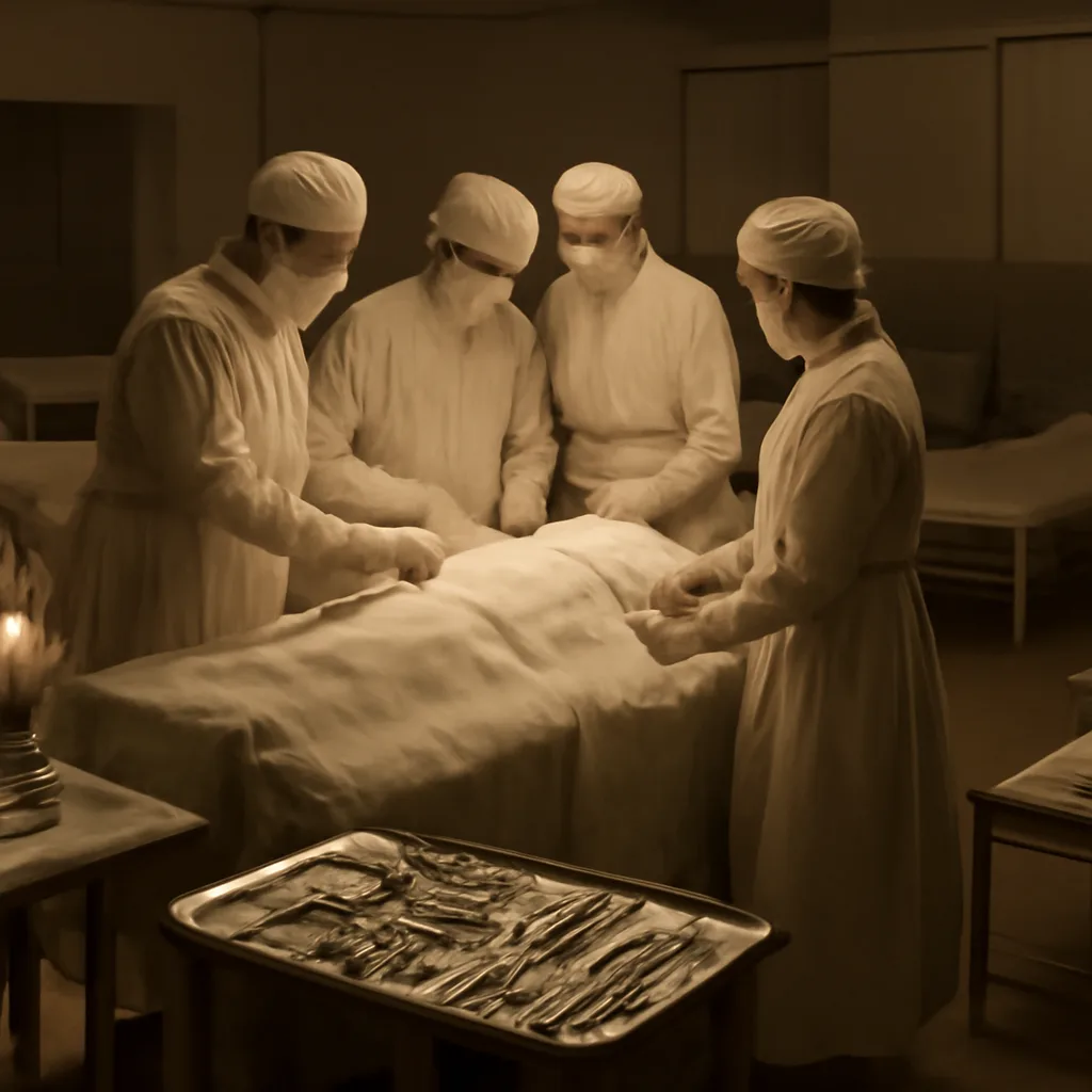 Early 20th-century military hospital ward showing surgeons around an operating table with medical staff and period surgical instruments, beds and stretchers in the background.
