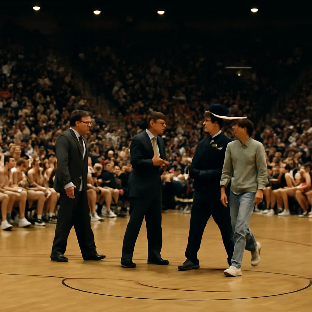 Indoor college basketball arena in the late 1990s, players and coaches gathered during a timeout near benches while a uniformed officer escorts a person off the court; crowd visible in stands.