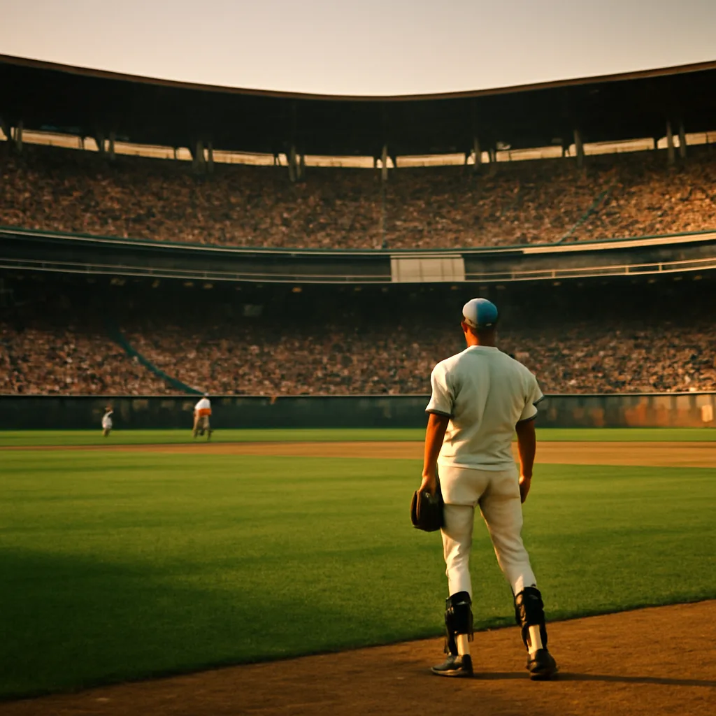 A 1980s Major League Baseball outfielder in a generic 1980s-style uniform standing in a sunlit outfield during a late-summer game, with teammates and stadium seating in the background.