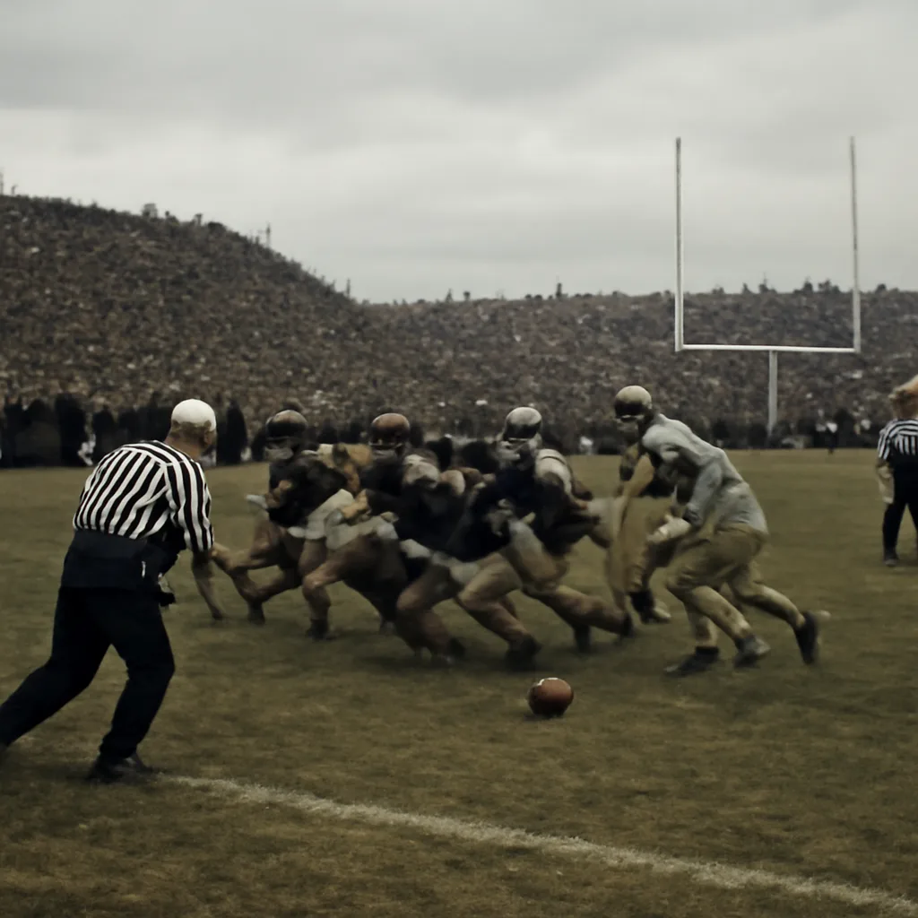 Historic outdoor football stadium with players in mid-1960s uniforms, a loose ball on the turf with players converging, crowd-filled stands under overcast winter sky.
