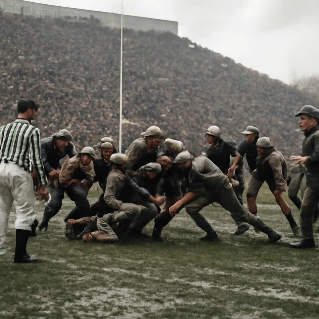 Black-and-white stadium scene from the mid-1960s showing football players clustered near one end zone during a championship game, with referees and coaches on the sideline.