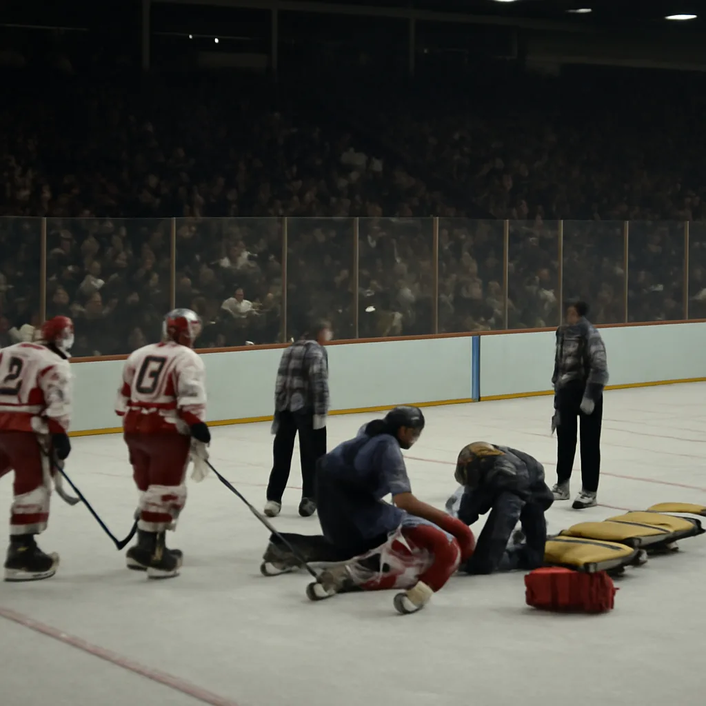 Ice hockey game scene showing players on the rink and medical personnel attending to an injured player at ice level; stretcher at the boards and concerned teammates nearby.