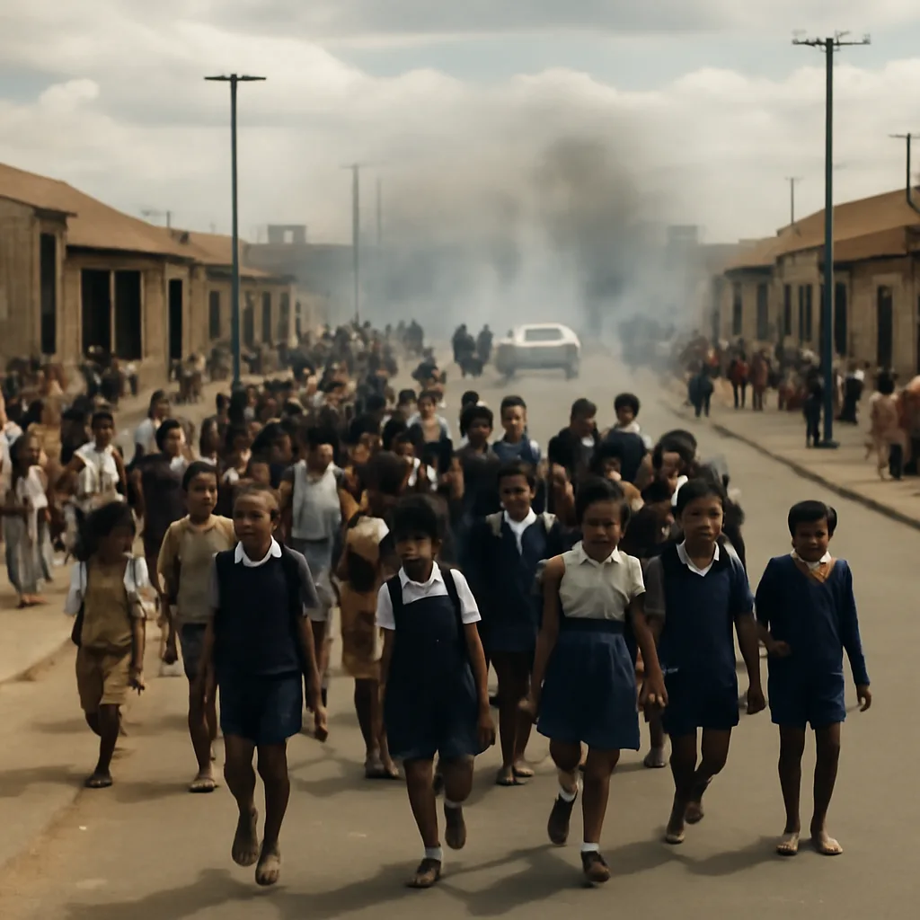 Students marching on a wide Soweto street in 1970s clothing, with a distant line of police vehicles; smoke or tear gas hangs in the air and bystanders watch from the sidelines.