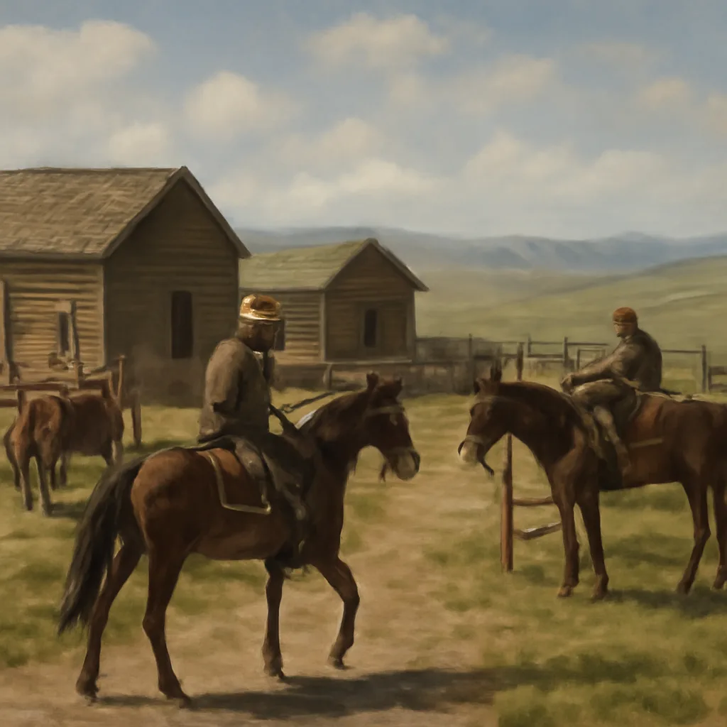 Riders and saddled horses at a remote 1860 Pony Express station with simple wooden buildings and packs, set against a rolling prairie landscape under overcast sky.