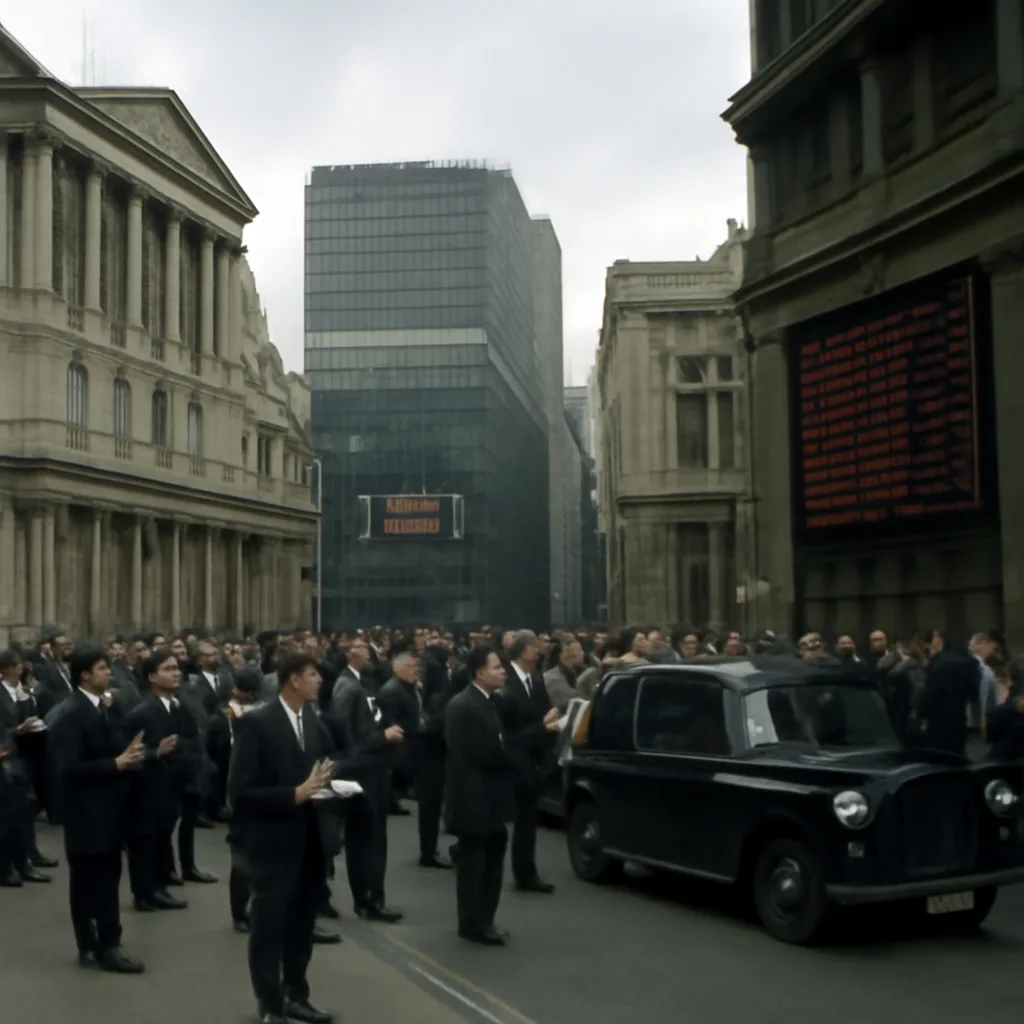 Crowd of traders and a London financial district street scene showing early 1990s vehicles and signage around the Bank of England and the London Stock Exchange, illustrating market activity on Black Wednesday.
