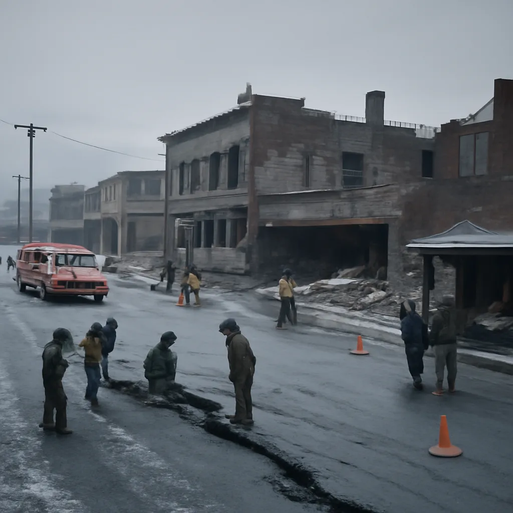 Downtown Anchorage-area street with visible building damage, snow on ground, emergency vehicles and utility crews assessing a cracked roadway after the November 30, 2018 earthquake.