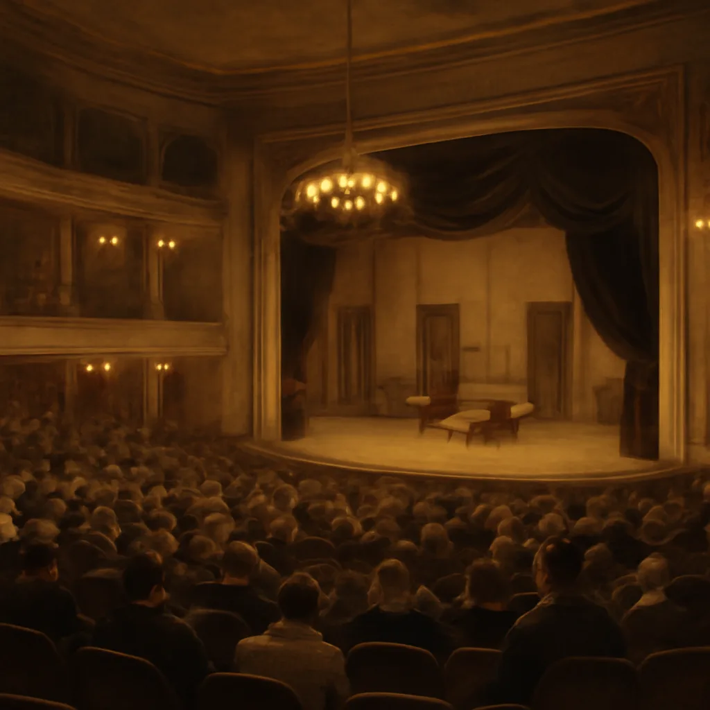 Interior view of Ford's Theatre in 1865 showing a stage, auditorium rows, gaslit chandeliers, and an empty presidential box draped with a dark curtain, viewed from a rear balcony.