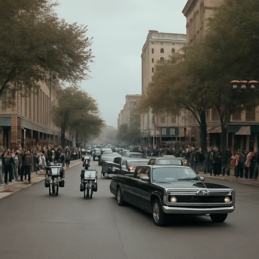 Motorcade in downtown Dallas, 1960s, showing an open-top presidential limousine on a city street with crowds along the sidewalks and police escort vehicles.