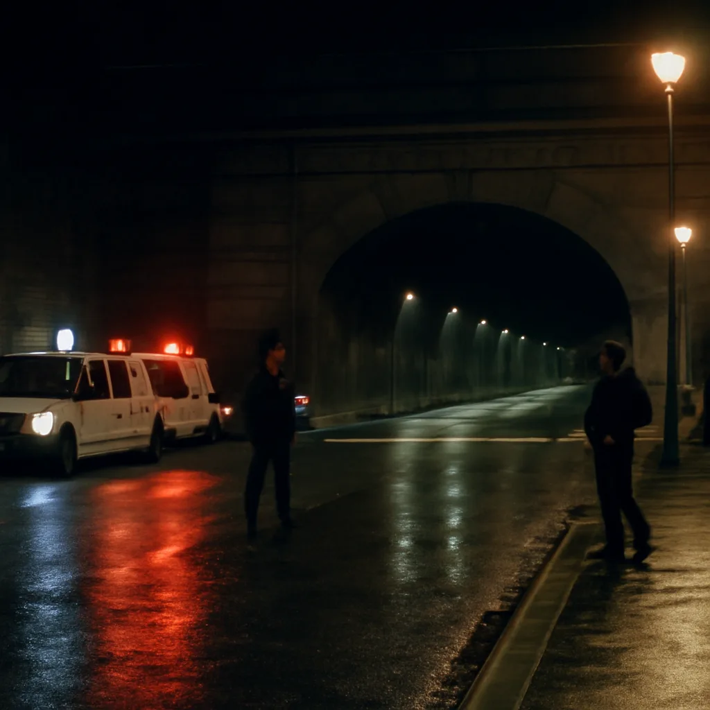 Exterior view of the Pont de l'Alma road tunnel entrance in Paris at night with emergency vehicles and police tape; no identifiable faces visible.