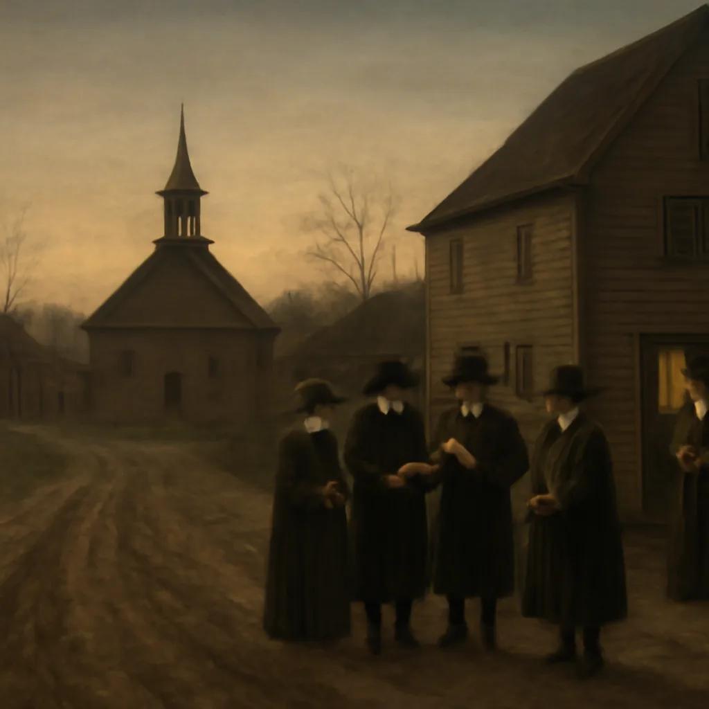 Late 17th-century New England village street with simple wooden houses and a small meetinghouse; a group of townspeople in period clothing gathered outside while a doorway shows magistrates consulting papers.