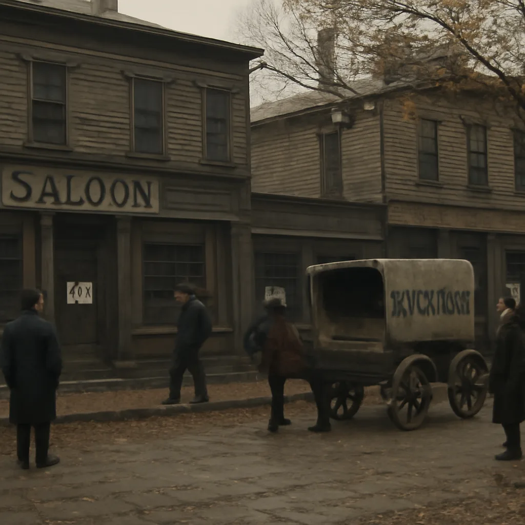 Crowd outside an early 20th-century American saloon and brewery buildings, empty bar counters and closed signage reflecting the start of nationwide alcohol prohibition.