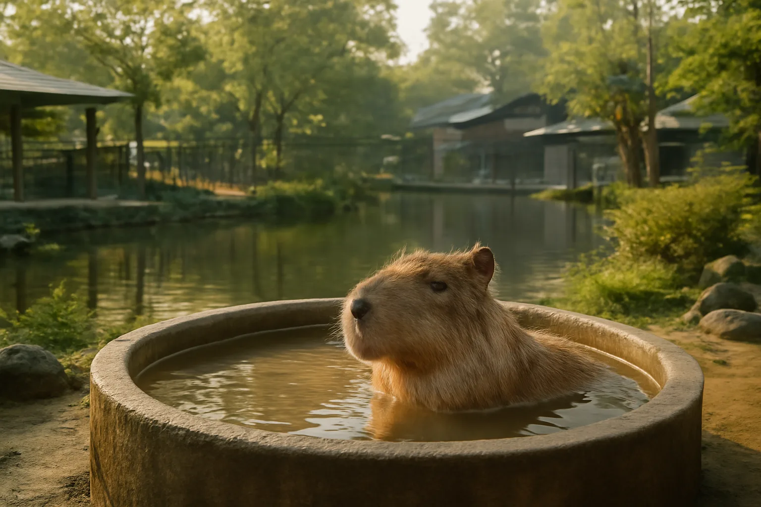 capybara calmly soaking in a large outdoor bath at a zoo with green plants and visitor pathways in the background