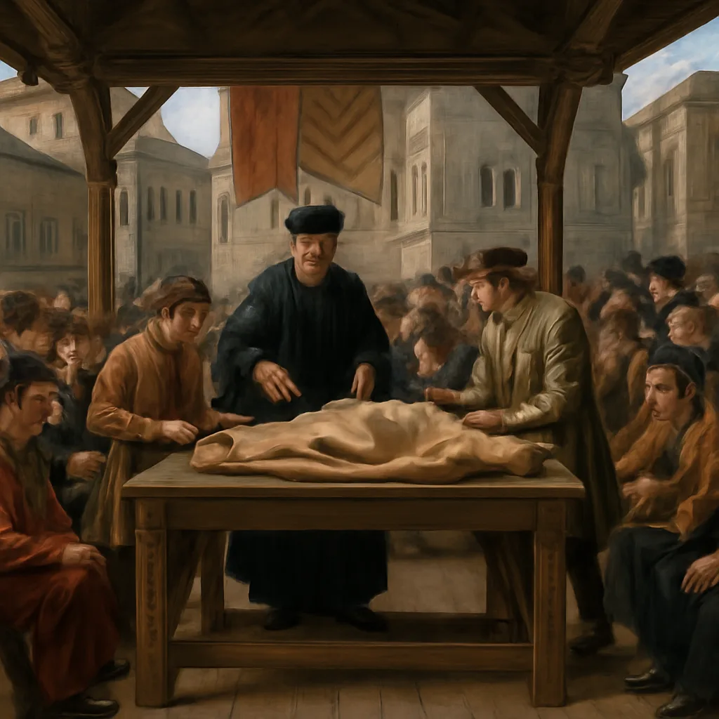 A 16th‑century public anatomical dissection in a courtyard or anatomical theatre with an anatomist attending a corpse while students and onlookers stand around; period clothing, surgical instruments and wooden benches visible.