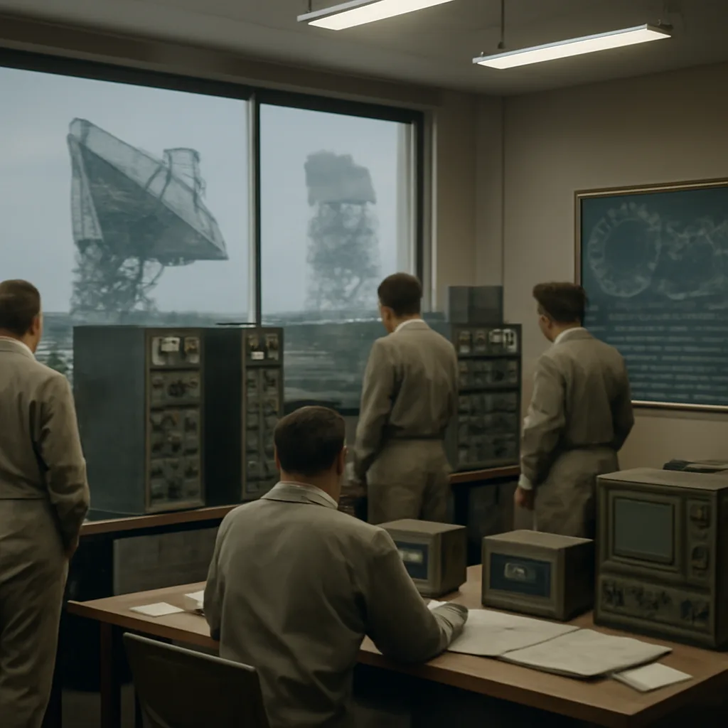 A 1960s laboratory or observatory setting with radio antennas and engineers around radio equipment, showing equipment racks, oscilloscopes and printed charts—no identifiable faces.