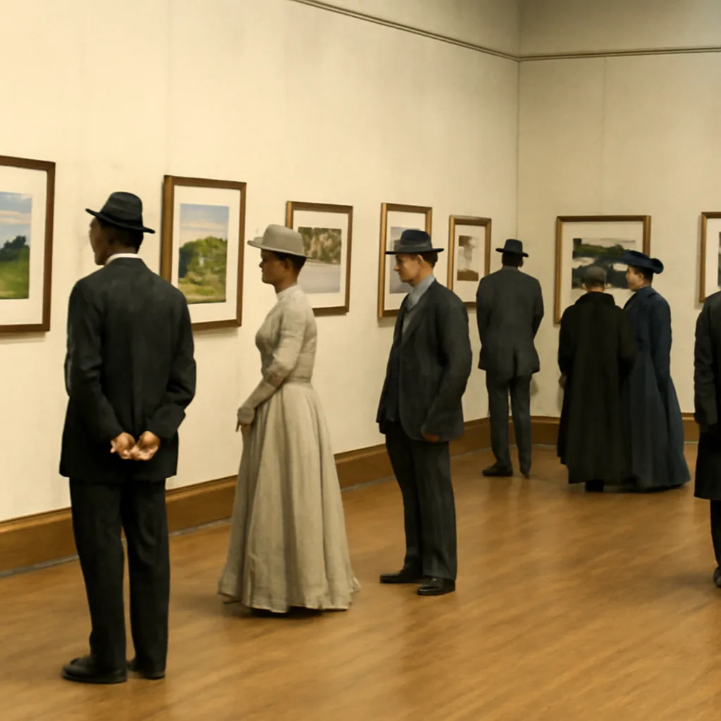 A crowded early-20th-century exhibition room with visitors viewing framed, continuous-tone color photographs displayed on the walls; men wear suits and hats, women wear period dresses.