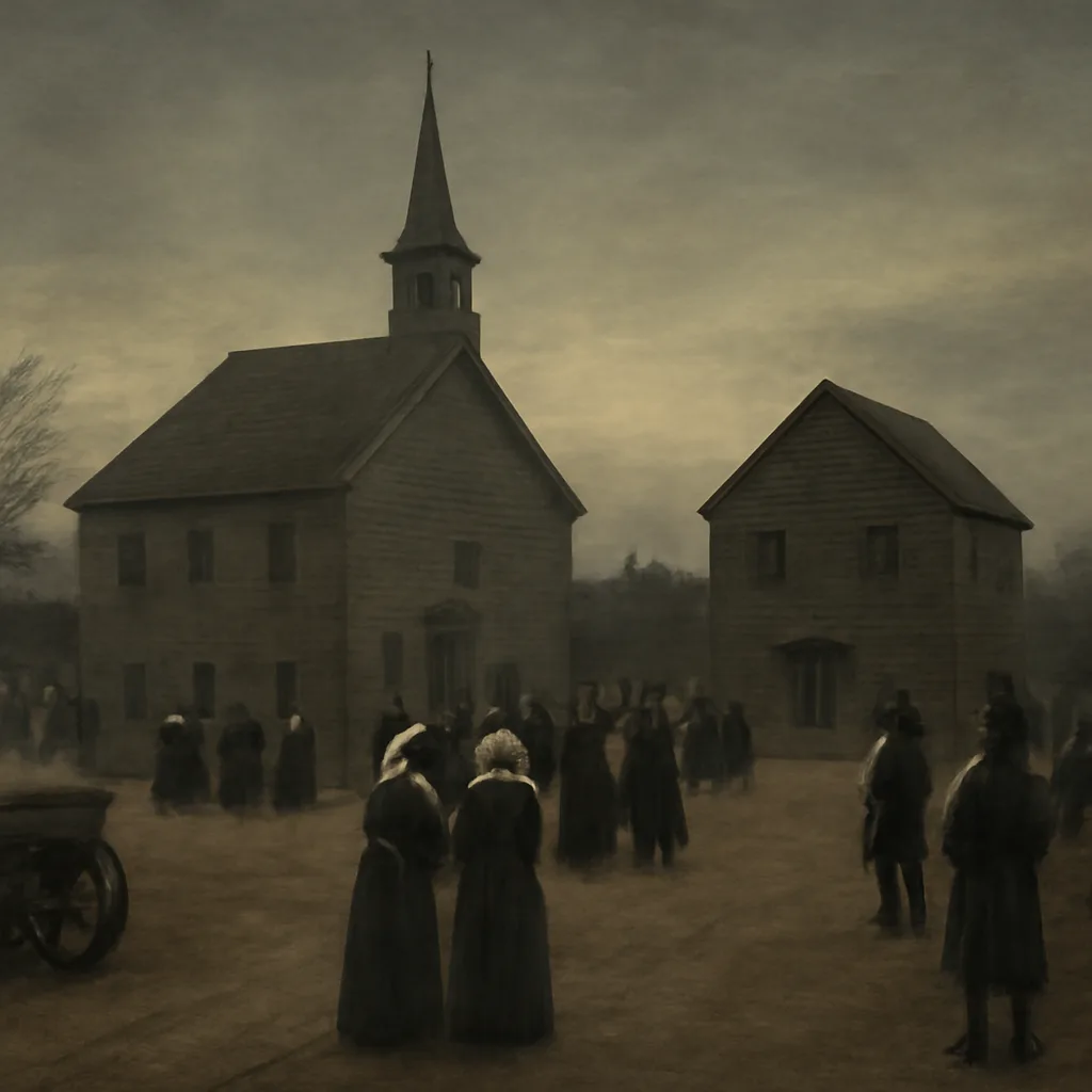 Crowd outside a 17th-century New England meetinghouse and jail, with period clothing and carts, reflecting a tense colonial village scene after witch trial executions.