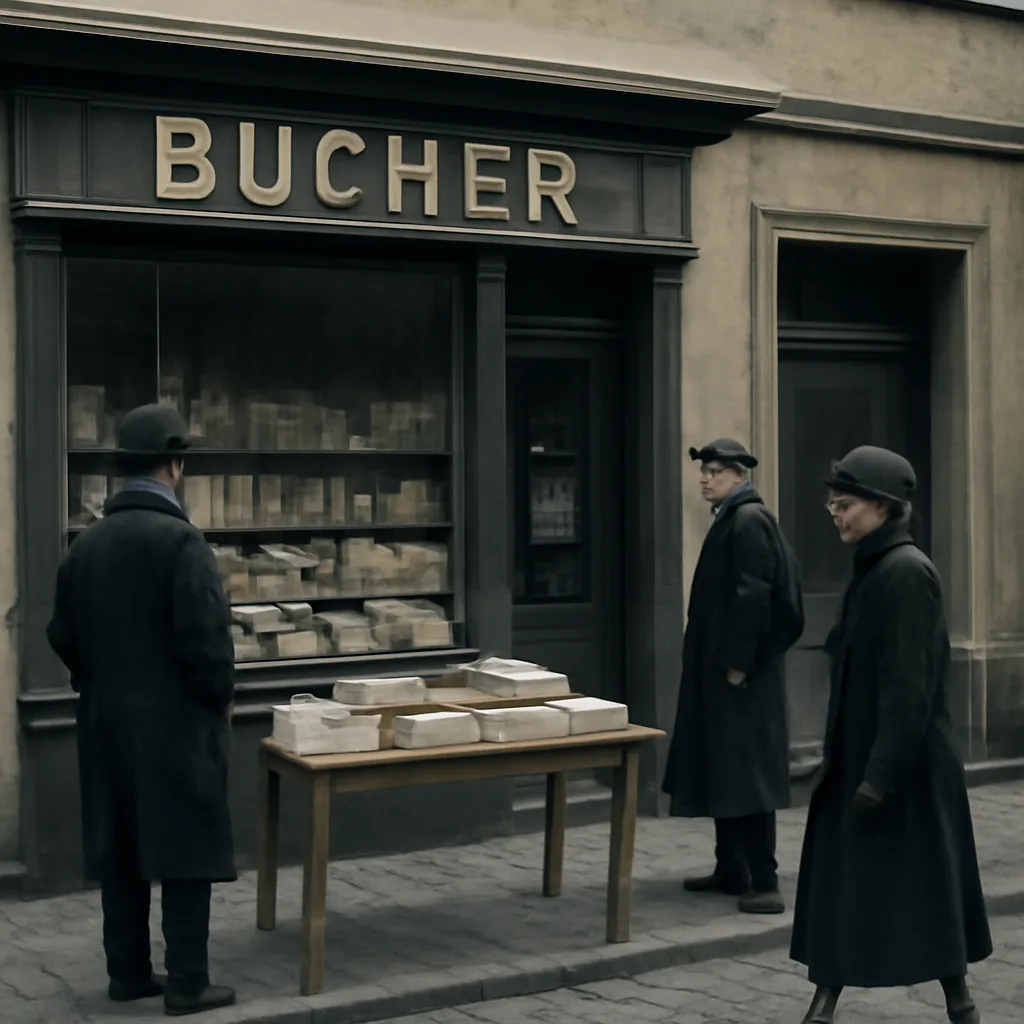 A period scene of early 1920s Germany: a bookstore window displaying stacked books and broadsheets, with passersby in contemporary clothing and shop signage in German indicating a bookshop.