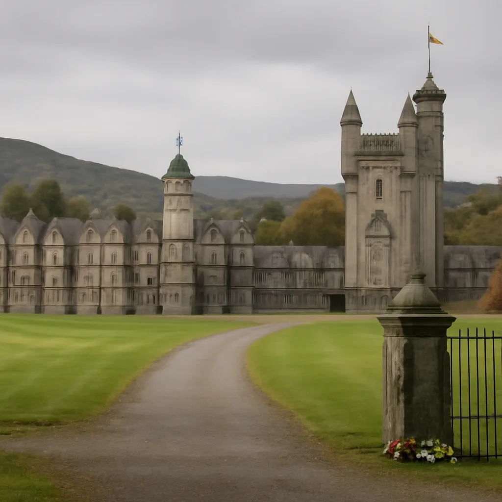 Balmoral Castle grounds in Scotland with autumn light, flags lowered and subdued floral tributes at a distance from the main building.