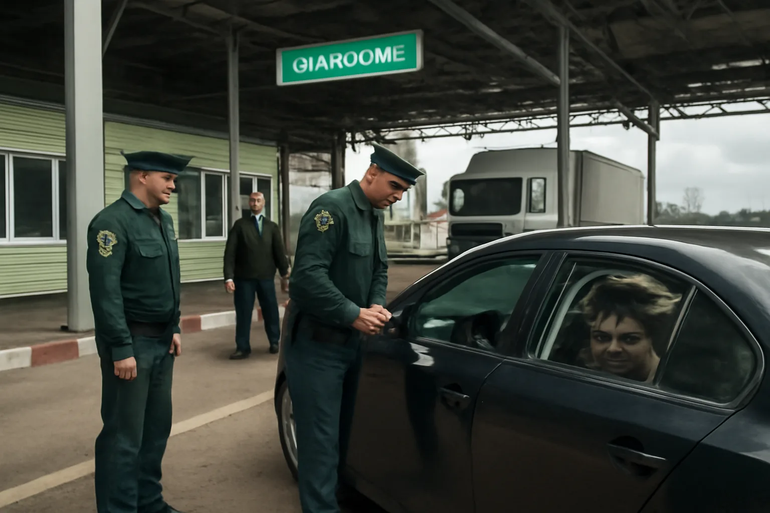 Customs officials inspecting a car at a Belarus border crossing, with a raccoon visible inside the vehicle through the window