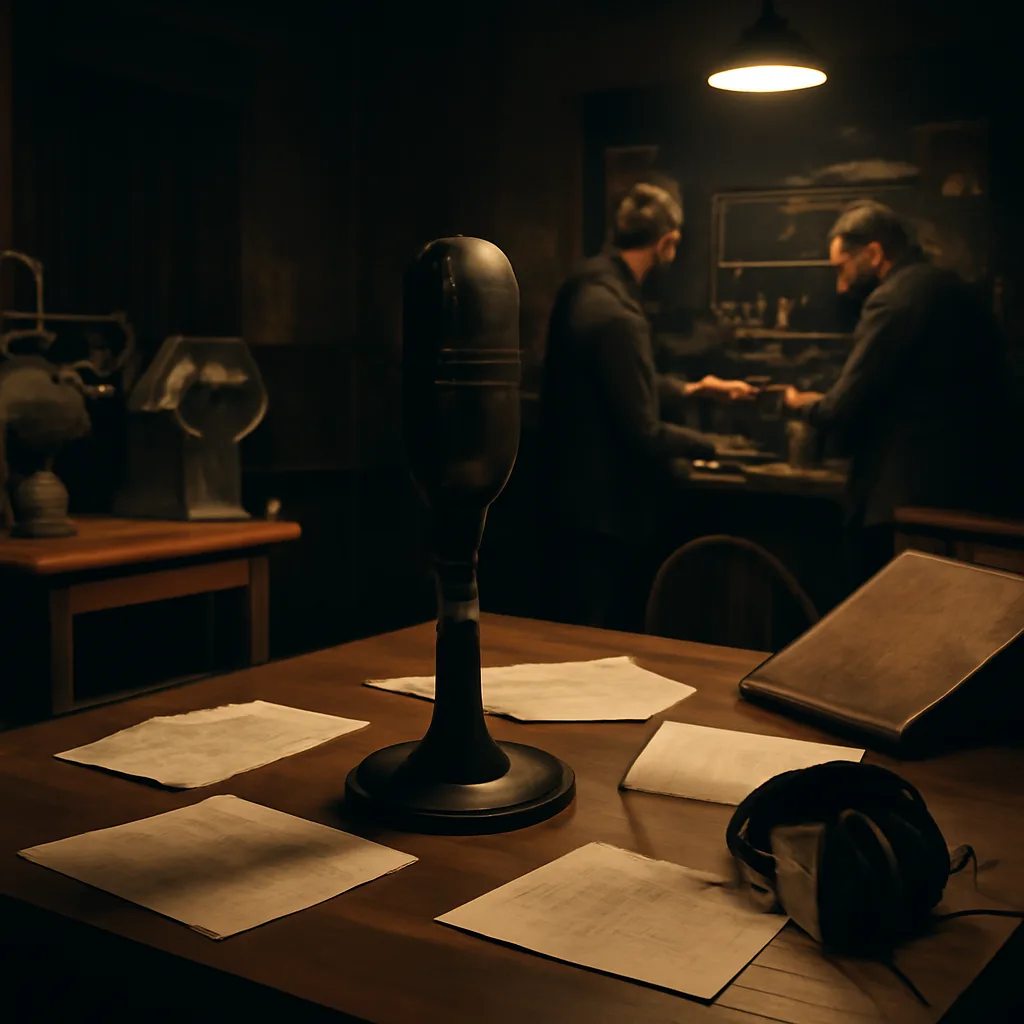 1938 radio studio with microphone, script pages and early broadcasting equipment on a table, suggesting a live radio drama production in the late 1930s.