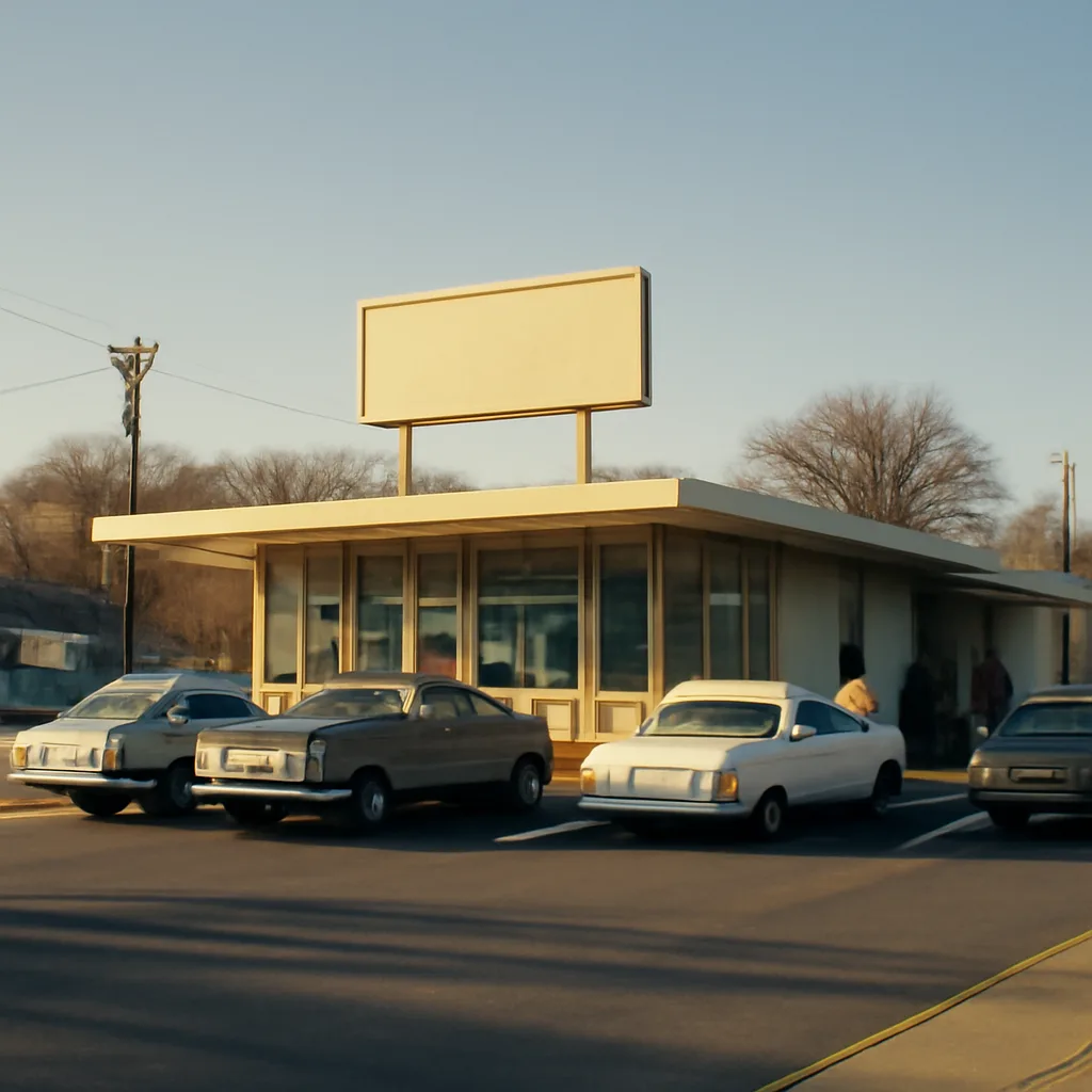 Exterior view of the original McDonald’s franchise building in Des Plaines, Illinois, circa 1950s, showing a low single-story restaurant with a simple drive-up and walk-up counter area and period automobiles parked outside.