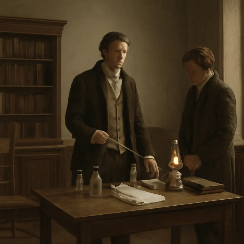 An 18th-century medical consulting room with a physician and assistant preparing a syringe-like instrument on a table, medical texts and glassware nearby, and the interior showing period furniture and clothing appropriate to the 1790s.