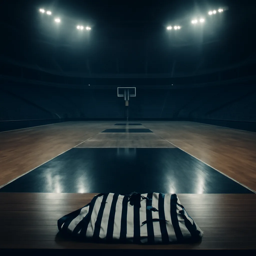 Empty basketball court at night with overhead arena lights on, whistle and referee uniform jacket placed on a scorer's table, no people visible.