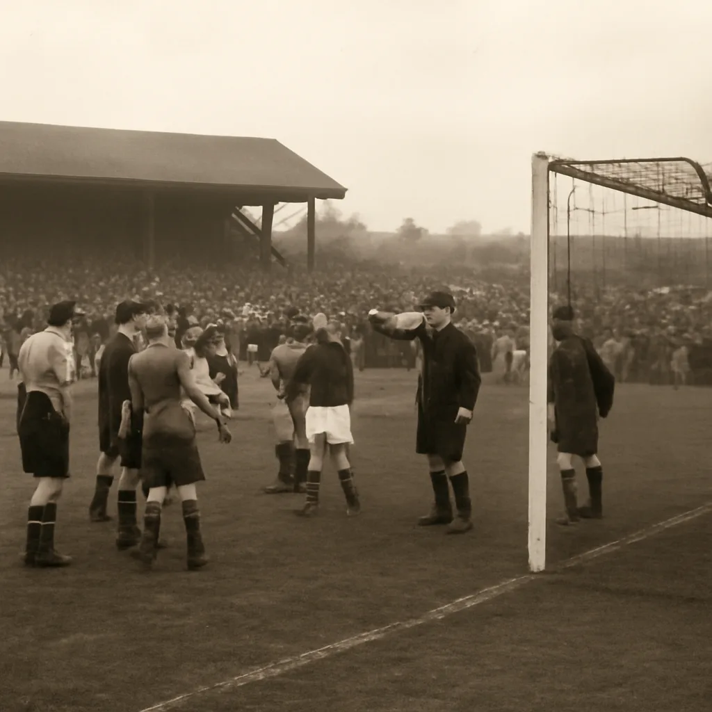 A 1930s-era football pitch with players in period kits and a referee near the goalmouth, spectators in stands behind a simple perimeter fence.