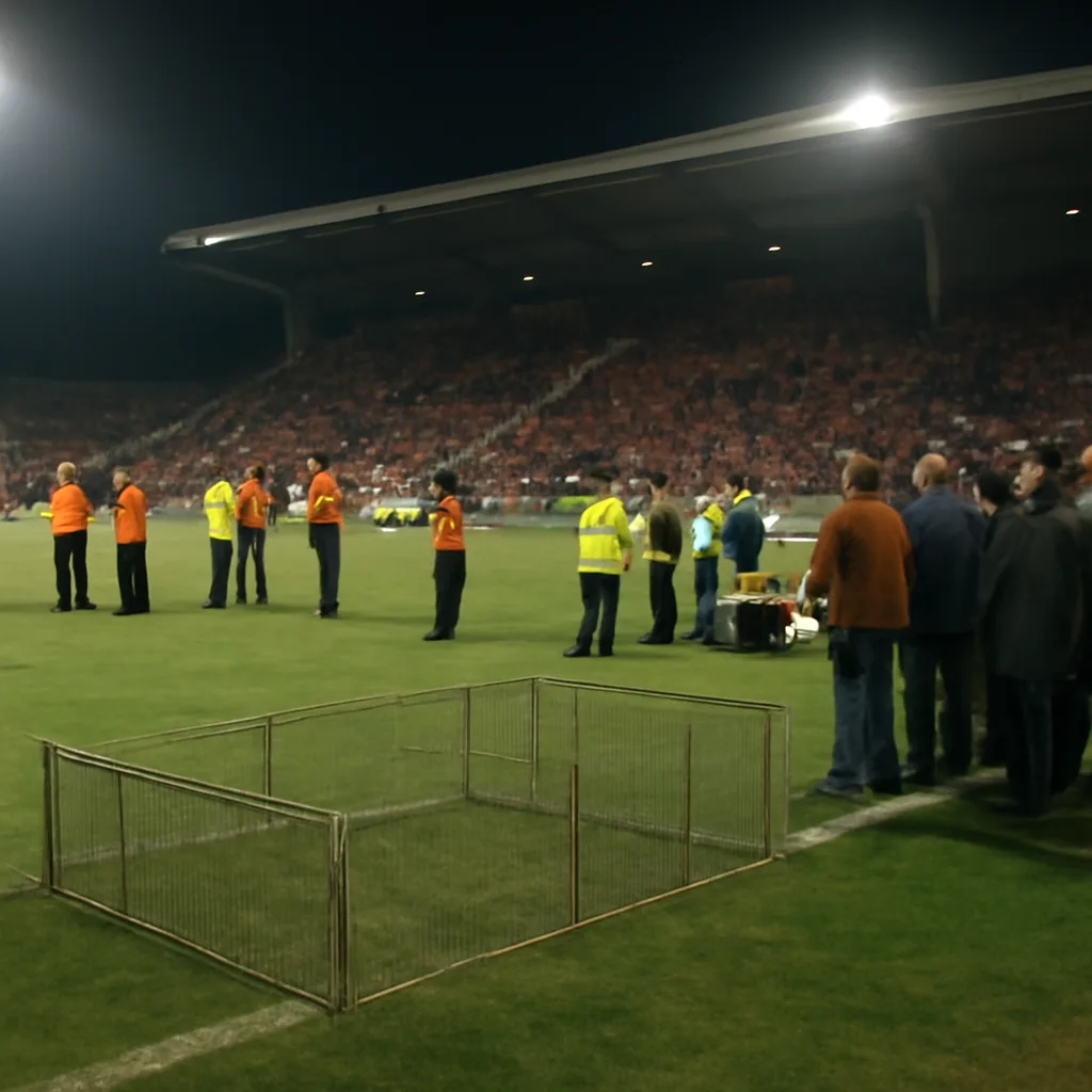 A crowded football stadium pitch with a fenced animal enclosure near the sidelines and stadium staff and medical responders clustered around an area on the field.