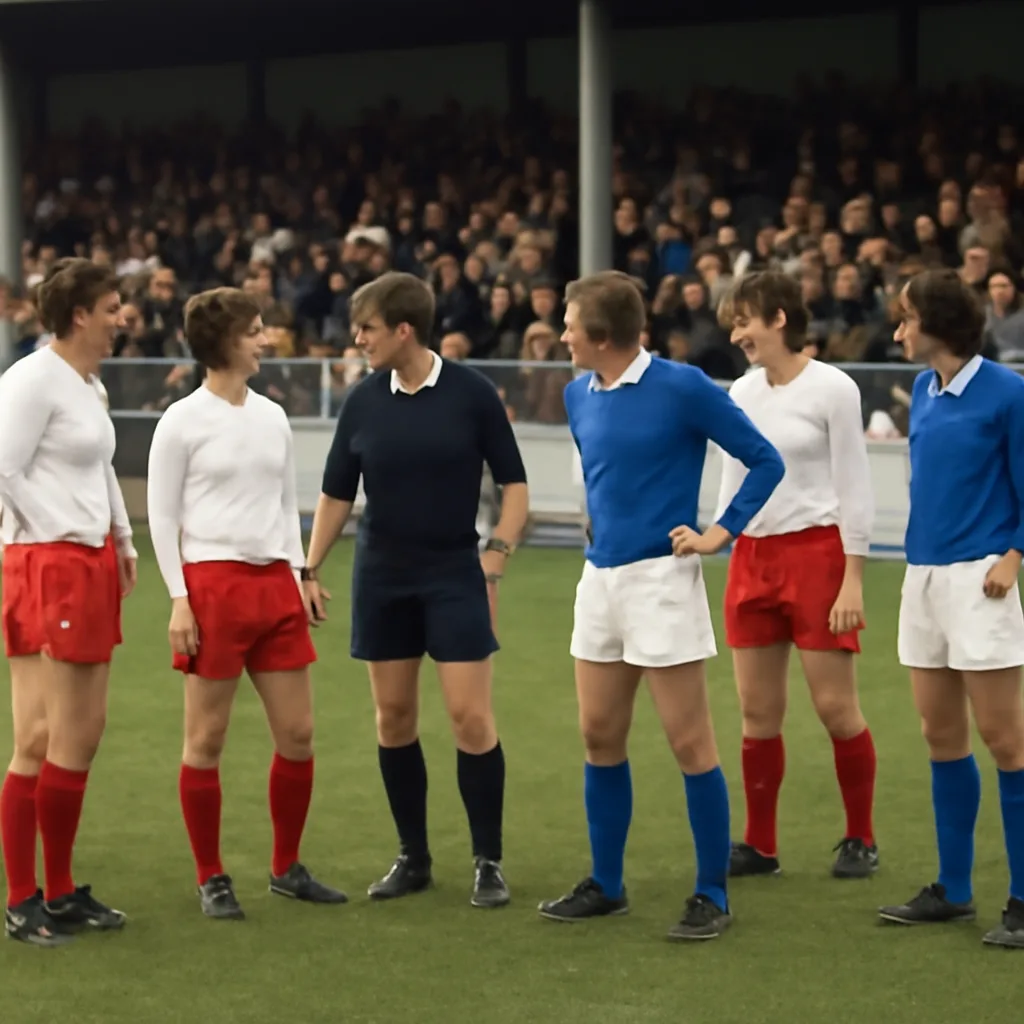 A crowded 1970s-era soccer pitch showing players surrounding an official near the sideline while a small group of teammates and officials watch; spectators in older clothing are visible in the stands.