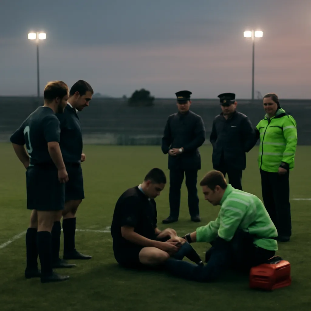 Outdoor soccer field scene showing an injured match official receiving assistance from medical personnel and police nearby, with players and stewards in the background.