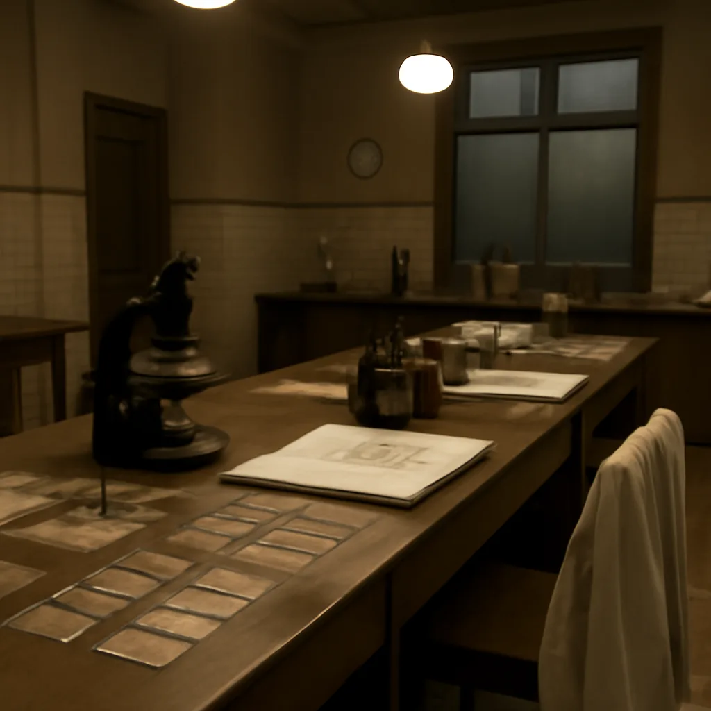 Clinical pathology laboratory in the 1950s showing microscope, glass slides, and a histology report related to an early organ transplant case.