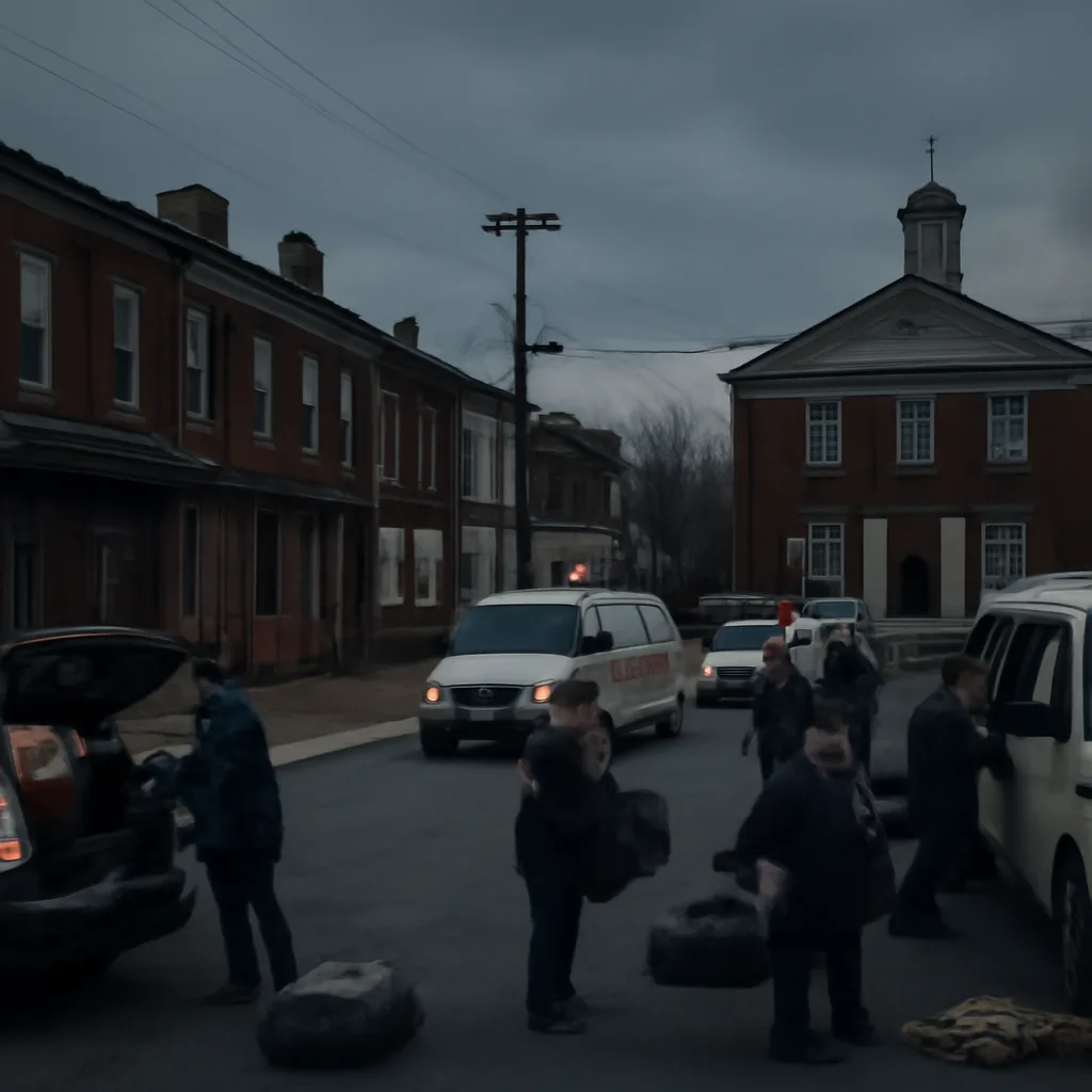 Residential street at dusk with emergency vehicles and volunteers assisting residents loading belongings into cars; no identifiable faces.