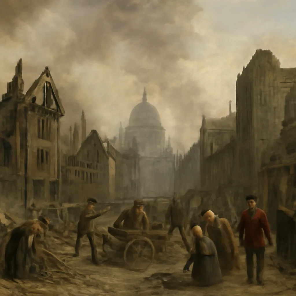 Ruined streets of 17th-century London after the Great Fire, with toppled timbers, damaged stone buildings, and groups of displaced residents and labourers clearing debris under a smoky sky.