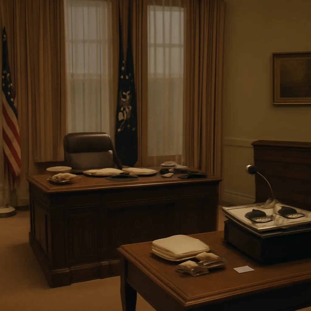 Oval Office interior circa early 1970s showing a desk, rotary telephone, stacks of documents and a tape recorder on a table, suggesting recorded conversations; no identifiable faces.