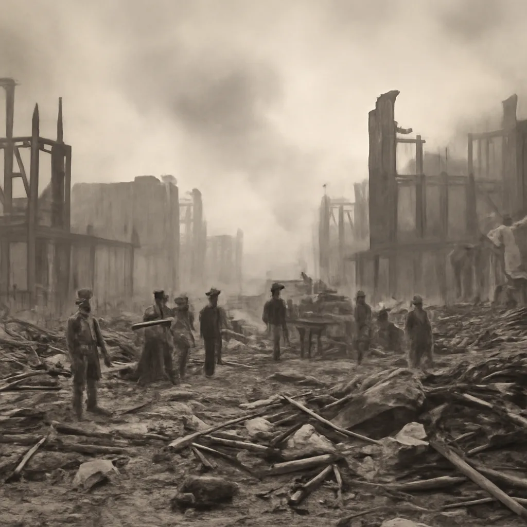 A 19th-century Chicago streetscape showing charred timber ruins, collapsed building frames, scattered debris and small groups of people in period dress amid smoky haze during daylight.