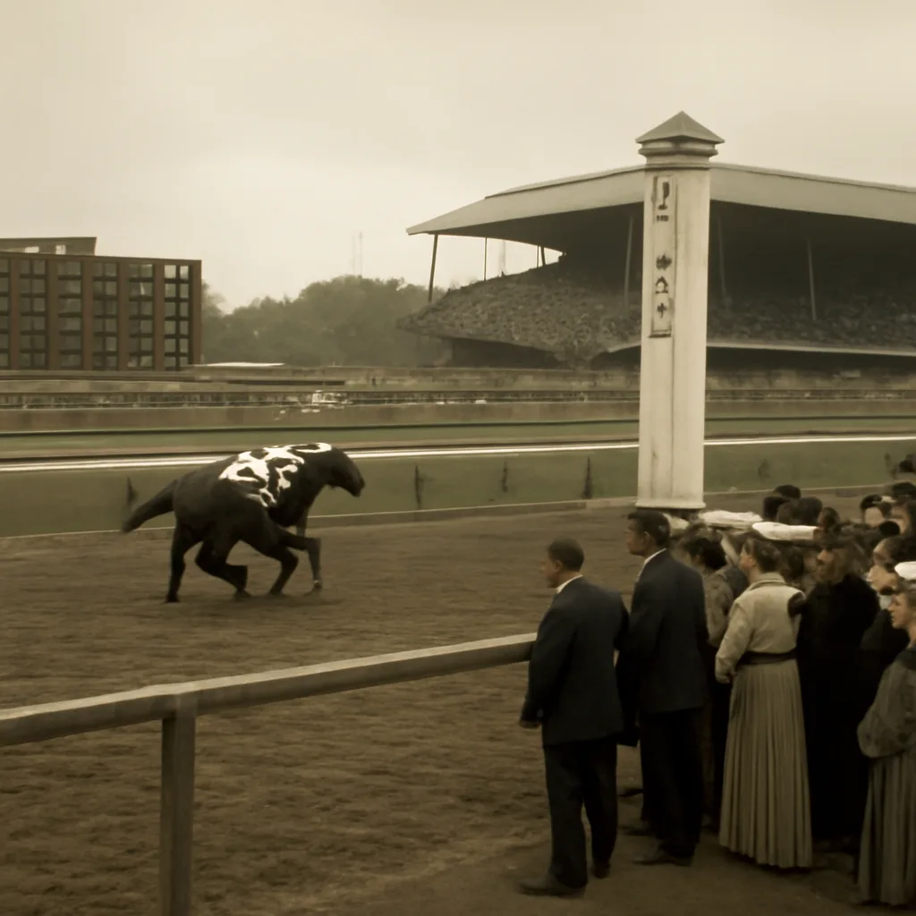 A crowd at Belmont Park watching the racetrack as a loose, riderless thoroughbred runs along the track toward the finish line; period clothing and horse-handling staff visible at the rail.