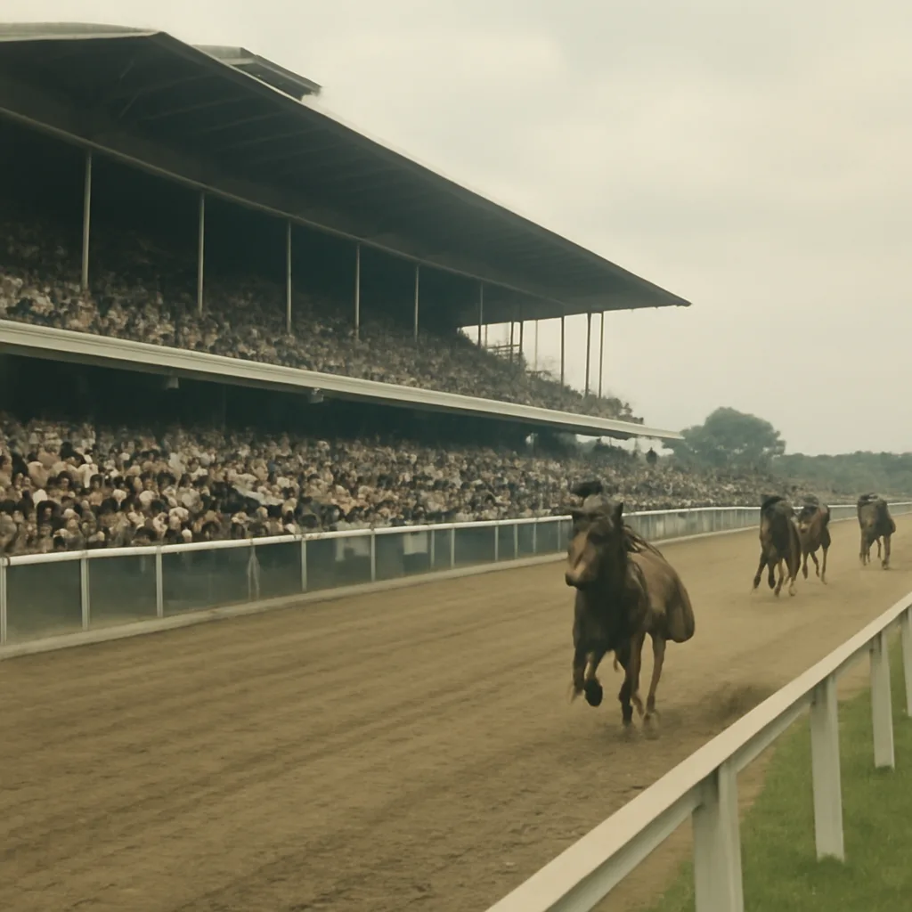 A broad view of Belmont Park grandstand and racetrack in the 1920s, with multiple racehorses running on the dirt track, one horse clearly running without a jockey ahead of others.