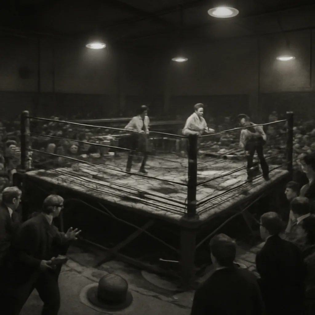 A crowded 1930s indoor boxing arena with a raised wooden ring platform; ropes sag and planking shows visible damage while spectators and handlers stand nearby.