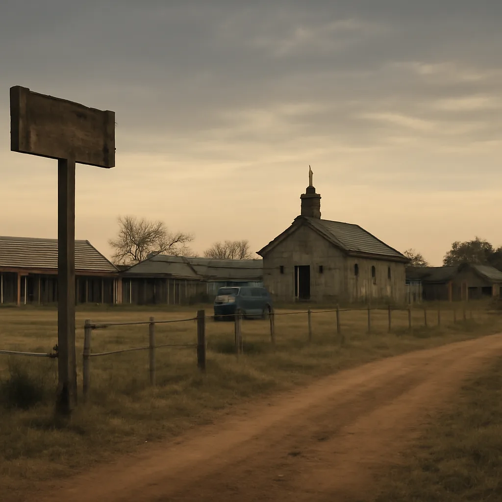 The Mount Carmel Center compound near Waco, Texas in early 1990s rural surroundings, with multiple wooden buildings and fences, viewed from a distance under a clear sky.