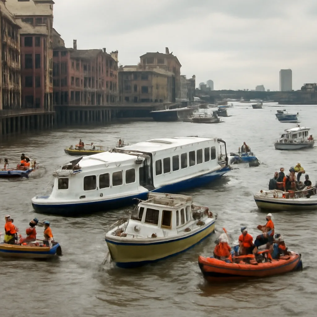 River Thames near central London in summer, small passenger boats and emergency launches clustered on the water with police and rescue vessels alongside a partially submerged passenger craft; London riverside buildings visible in the background.