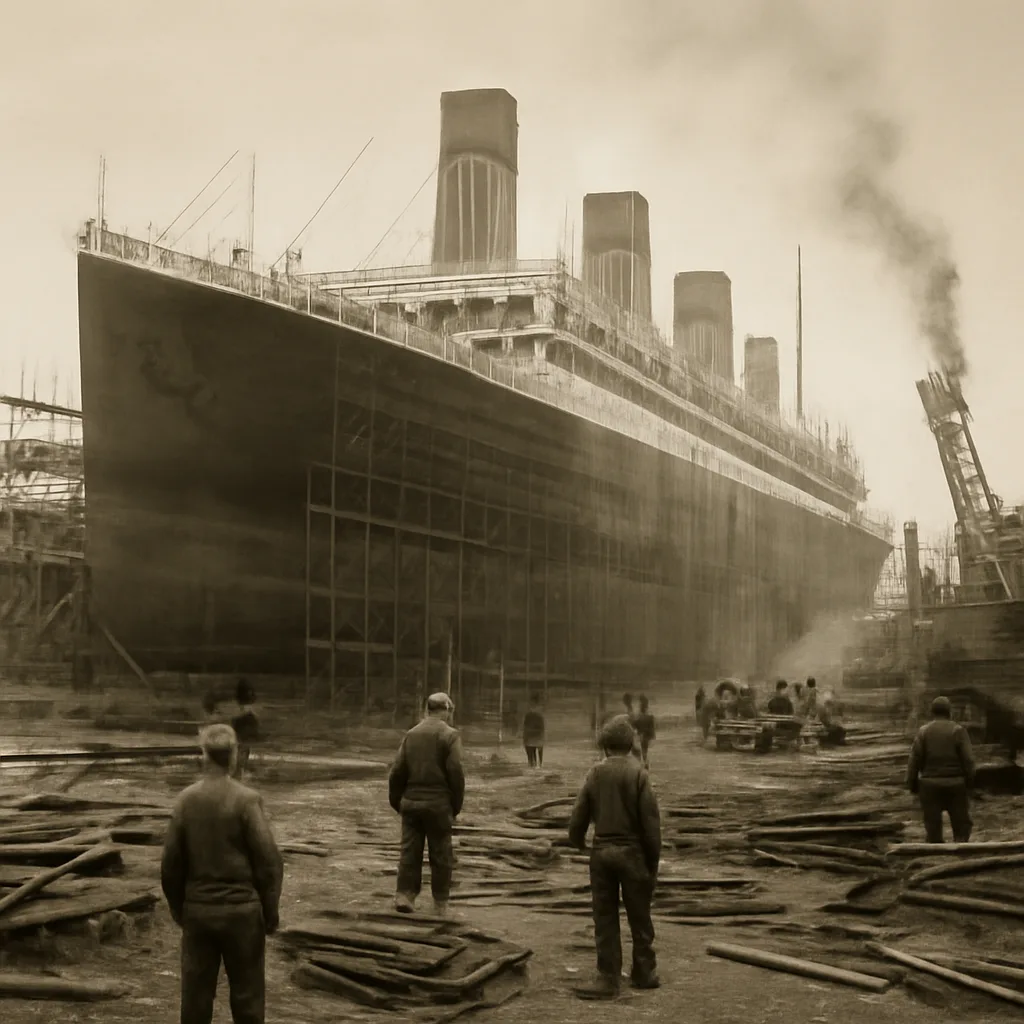 Large early 20th-century ocean liner at a Belfast shipyard slipway with scaffolding, cranes, and dockworkers; ship hull and superstructure visible, no identifiable faces.