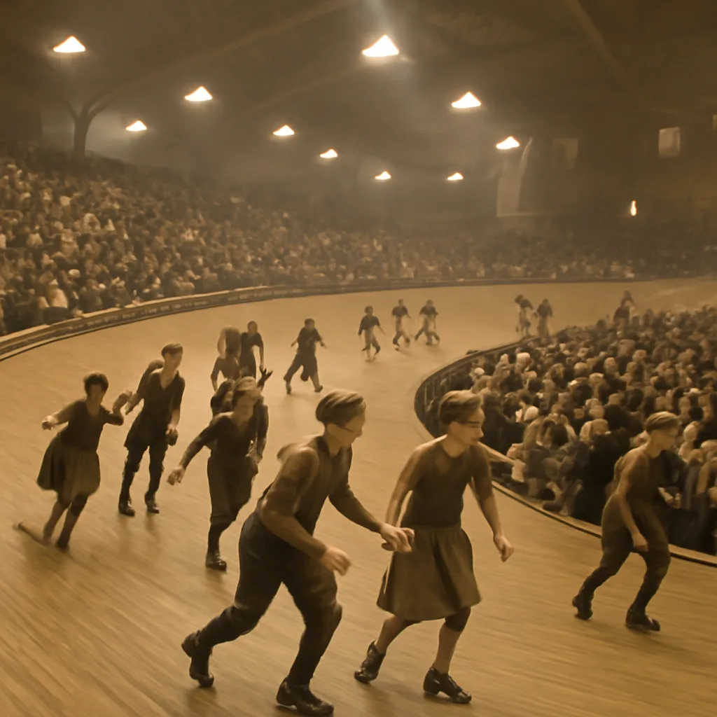 Skaters racing on a banked wooden track inside a 1930s-era Chicago Coliseum with crowds in period clothing watching from the stands.