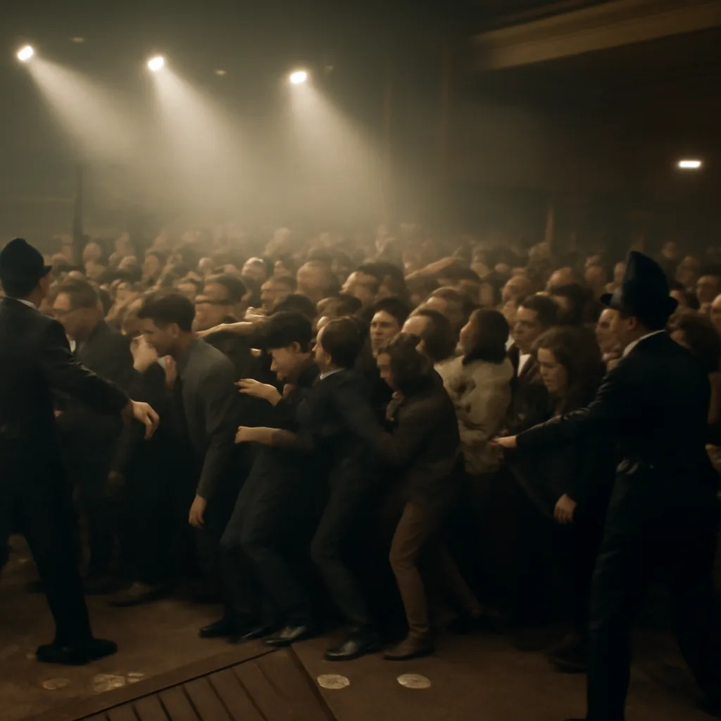 Crowded 1960s London concert venue interior with a dense audience, police officers in 1960s uniforms at the margins, stage lighting and a sense of pushing and movement among attendees.