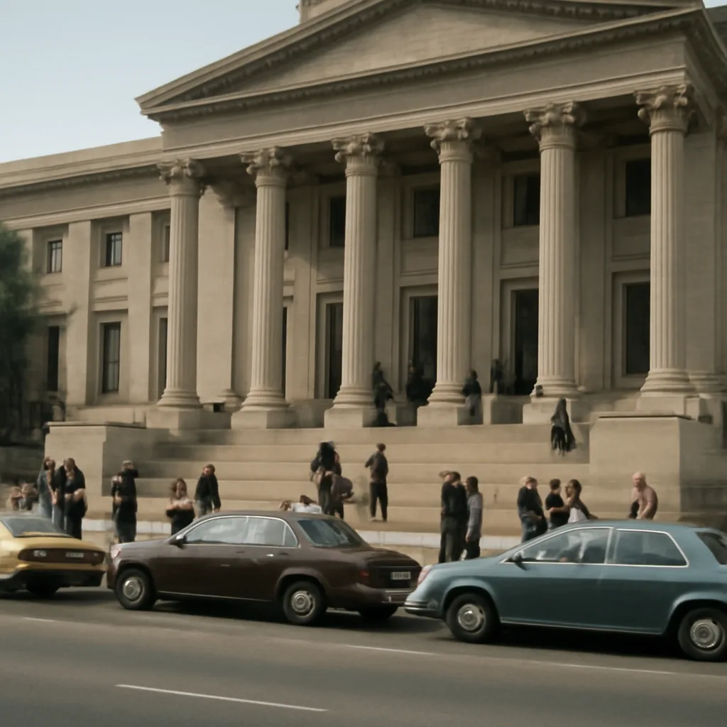 Exterior of a Los Angeles courthouse in the late 1970s, with a few parked cars and people on the steps, reflecting a high-profile criminal case.