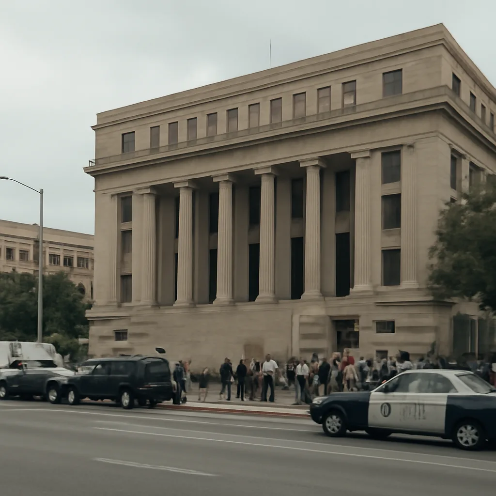 Exterior of a Los Angeles courthouse building with police vehicles parked nearby and a subdued crowd outside, conveying a legal proceeding related to a high-profile arrest.