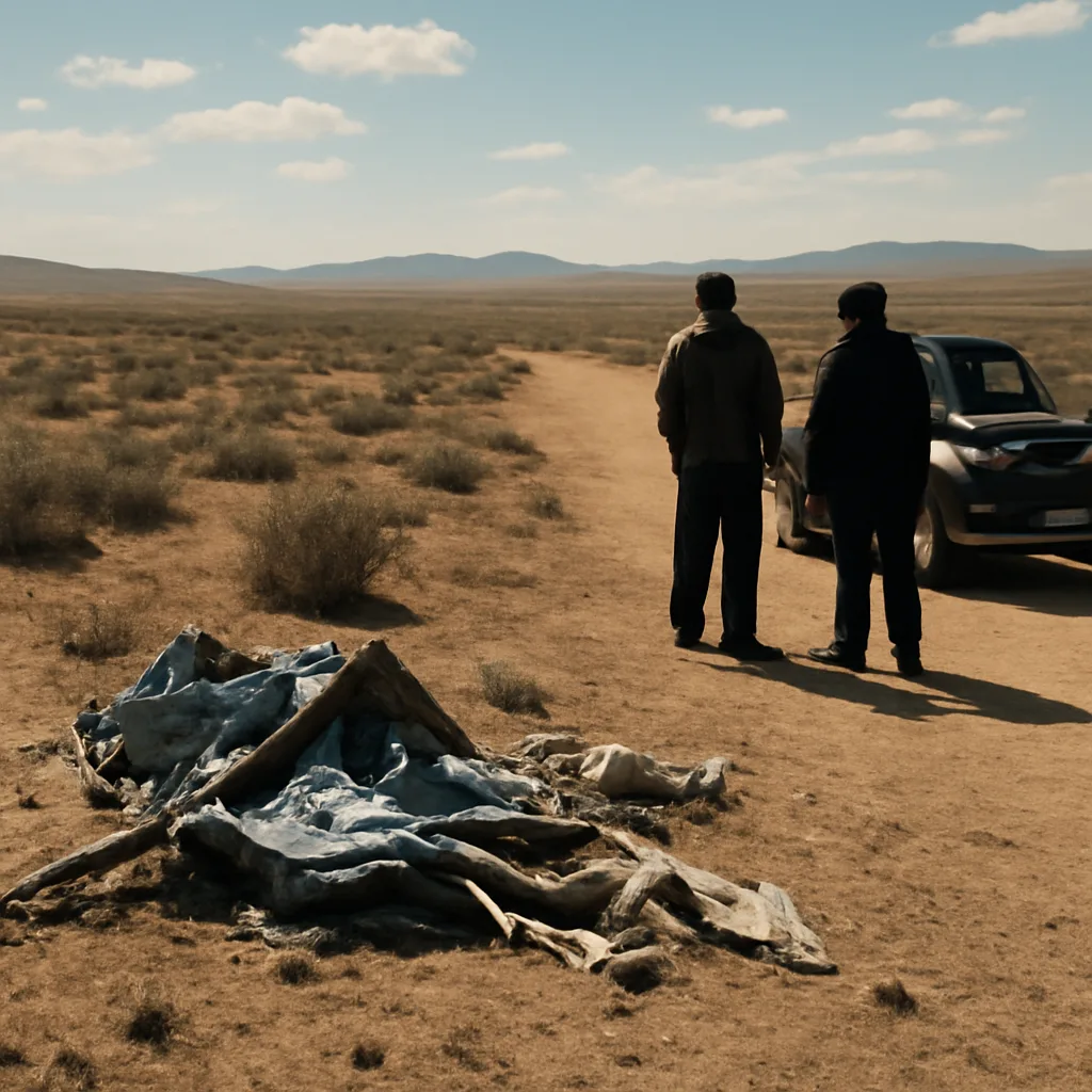 Ranch landscape near Roswell, New Mexico, 1940s: open desert terrain with scattered scrub, a dirt road, and flattened metallic debris fragments on the ground under a bright sky.