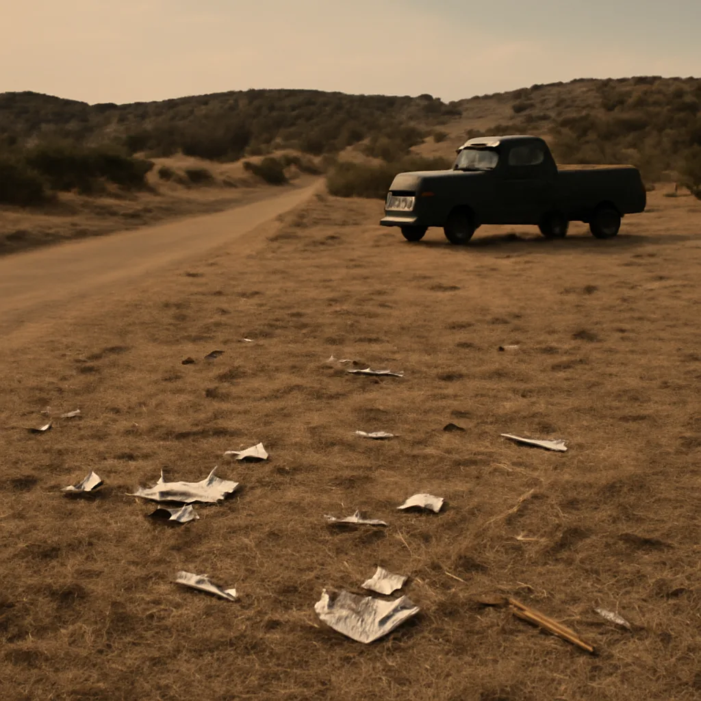 Scattered metallic and paper-like fragments on dry grass beside a dirt road near Roswell, New Mexico, with low scrub and distant hills under a clear sky.