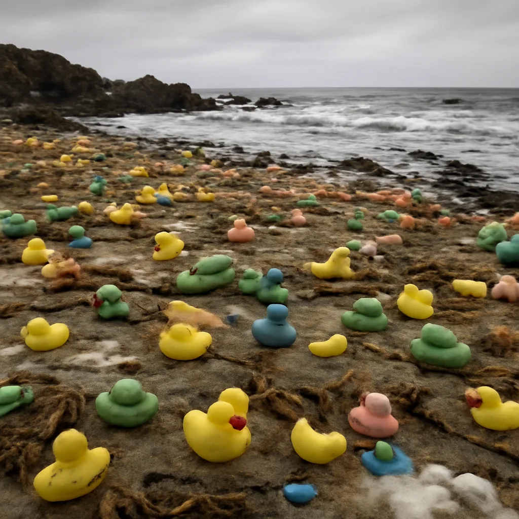 Plastic bath toys, including rubber ducks and other molded shapes, scattered along a rocky Pacific shoreline after having washed ashore following a 1992 container loss.