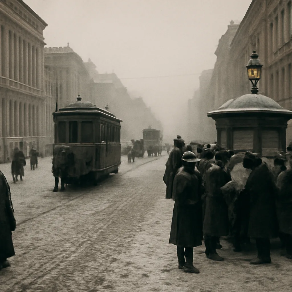 Early 20th-century Petrograd street scene in winter with crowds and horse-drawn trams outside classical buildings, capturing a tense urban atmosphere shortly after Rasputin's death.